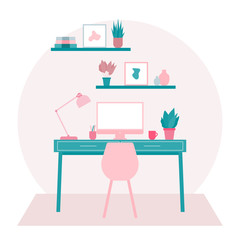 Home office interior design with  furniture: computer,desk,chair,table lamp, books,computer,plant,picture frame and carpet. Modern interior design flat vector illustration.