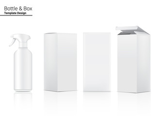 Glossy Spray Bottle Mock up Realistic Cosmetic and 3 Dimensional Box for Whitening Skincare and Aging anti-wrinkle merchandise on White Background Illustration. Health Care and Medical.
