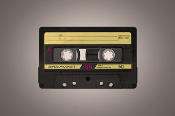 A retro blank black and yellow aged audio cassette illustration background with copy space