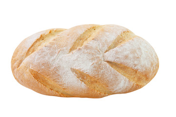 Big white handmade bread. Healthy eating Isolated on a white background. Top view. Space for text.