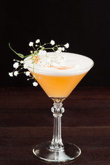 Alcohol Cocktail with Egg White, Fruits and Decorations Close Up on Dark Background. 
