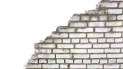 old ruined white brick wall isolated on white background