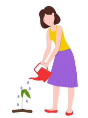 Flat vector illustration: woman watering a flower.