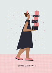 Birthday girl with pile of gifts illustration card