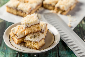 mini coconut cake with dulce de leche cut into squares ready to eat