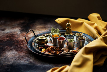 Colorful Indian spices and seasonings on the table