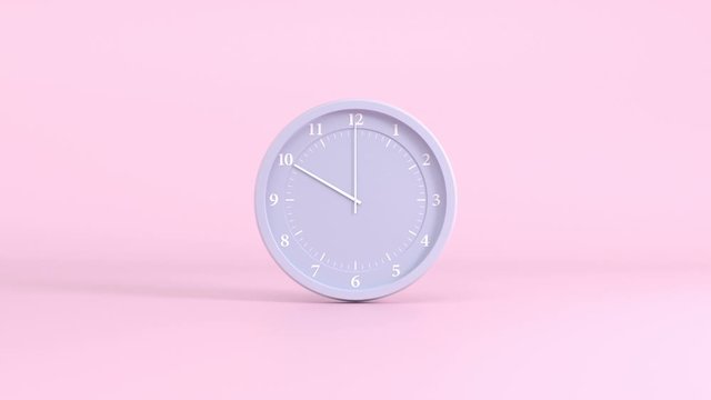 Grey clock with white numbers and hands on a pink background, time interval. Time concept. 3d Animation 4k Ultra HD 3840x2160