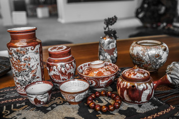 Tea ware for traditional tea ceremony.
Japanese antique set for the ceremony