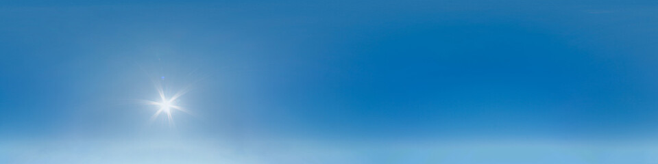 Sky 360 with clouds and sun. Image with 3D spherical panorama with 360 degree viewing angle. Ready for virtual reality in vr. Semi equirectangular projection. Background for games. Huge resolution. © Stanislau