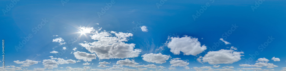 Wall mural sky 360 with clouds and sun. image with 3d spherical panorama with 360 degree viewing angle. ready f
