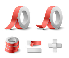 double sided red duct. Gloss tape roll top and side view. Photorealistic packaging mockup template with sample design.
