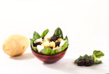 Portion of healthy and balanced food on white background, fruits and vegetables.