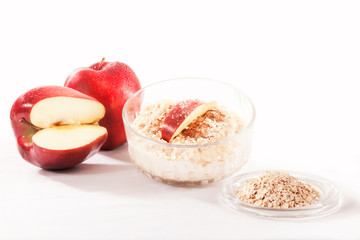 Portion of healthy and balanced food on white background, fruits and vegetables.