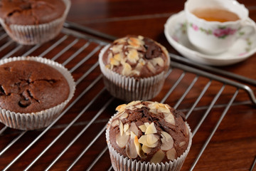 Chocolate Muffins Cup of tea Cooling rack 