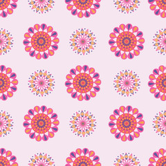 Fototapeta na wymiar Vibrant geometric floral blooms, stars, flowers. Pattern for fabric, backgrounds, wrapping, textile, wallpaper, apparel. Vector illustration.