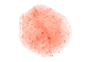 Fototapeta premium Body and face cosmetic pink swipe. Scrub sample swatch smear drop isolated on white. Peach peeling texture.