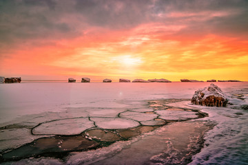The effect of the polar vortex in the Midwest of Lake Michigan which resulted in frozen waves on...