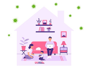Obraz na płótnie Canvas Stay home during an outbreak of COVID-19 virus. The family stays home to prevent the spread of infection. Protect yourself. Home schooling. Remote work. Healthcare concept. Flat illustration. 