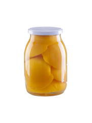 Canned peaches in glass jar 1000 ml, isolated on white background.