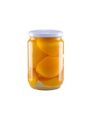 Canned peeled peaches in a glass jar isolated on a white background.