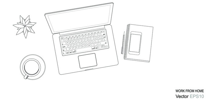 working from home concepts with line drawing of laptops, computers, coffee and smartphone.  line Vector flat style illustration.