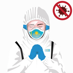 Covid-19 or Coronavirus concept. Kazakhstani medical staff wearing mask in protective clothing and praying for against Covid-19 virus outbreak in Kazakhstan. Kazakhstani man and Kazakhstan flag.