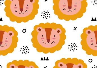 Seamless animal jungle pattern with lion.