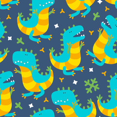 Seamless pattern with happy dinosaurs for textile, paper and fabric. Colorful design for prints. Vector illustration in cute cartoon style