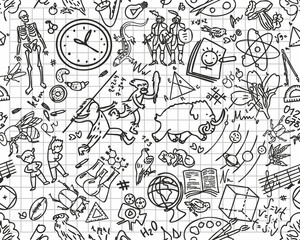 Back to school seamless pattern with hand-drawn doodles. Sketch background element vector illustration. white background, black graphics