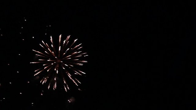 Bright colorful fireworks turn to multicolor bokeh lights at holiday dark summer night.