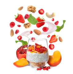 Chia pudding with yogurt and fruits on white background