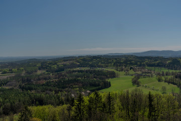 Fototapeta na wymiar View from Svobodna hill in spring day with fields and meadows