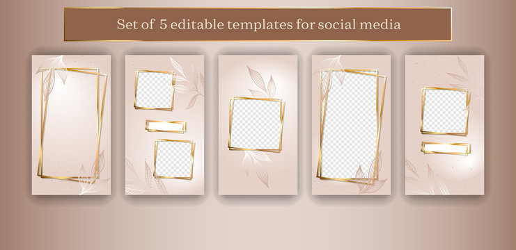 Set of 5 pink gold templates for social media. Trendy geometric social media frames. 5 editable Instagram Stories template kit. Vector design backgrounds for smartphone.