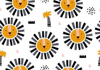Seamless animal jungle pattern with lion.