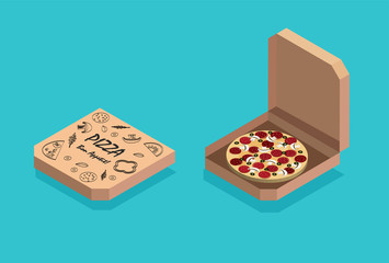 Isometric flat design pizza box isolated on blue background. Traditional italian food. Package or box icon. Delivery of pizza. Vector illustration.	
