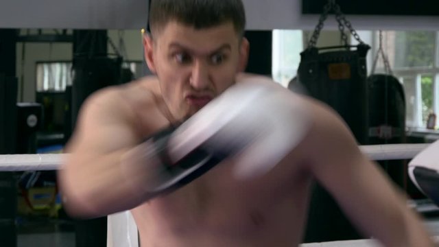 Two Martial Arts Fighters Training In Boxing Ring. Muay Thai Boxers Practicing Kicks and Punches on Punching Pads at Urban Gym