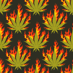 Fototapeta na wymiar seamless pattern with burning marijuana leaves
