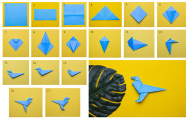 Step-by-step photo instructions on how to make a dinosaur out of paper using the origami technique. DIY concept. Children's creativity. - obrazy, fototapety, plakaty
