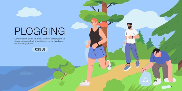 People running outdoor and pick up litter. Plogging movement marathon, plastic free awareness and national clean up day.