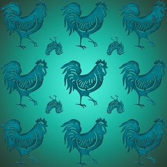 Fototapeta na wymiar A rustic rooster textile seamless decoration on a green background.