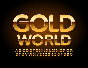 Vector stylish Emblem Gold World. Luxury Font. Elite Alphabet Letters and Numbers