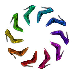 Women's rainbow high-heeled shoes are arranged in a circle. Shoe sale. A varied selection of colors. Vector 3d realistic illustration isolated on white background.