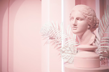 Decoration white monstera leaf on pink white. Exotic jungle plant leaf.