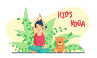 Obraz na płótnie Canvas A little girl is meditating with her teddy bear toy. Simple asanas for children. Concept vector illustration in a flat style of kid's yoga.