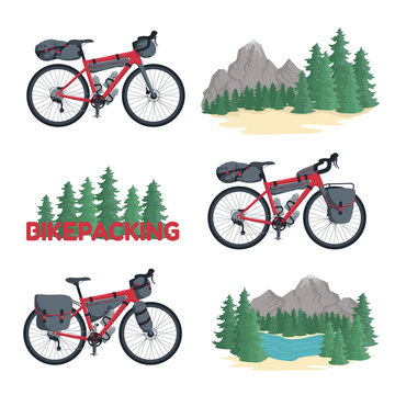 Vector illustration set of bicycles for tourism.Bikepacking bags.Touring bikes with a saddle bag, a frame bag, a handlebar bag, a bag on the front and rear trunk. Backgrounds with mountains and forest