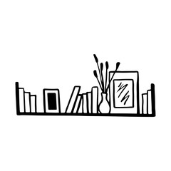 Black and white doodle shelves with books. Hand-drawn image for websites, banners, cards, designers.