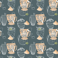 Cozy cute pattern of tea, coffee cups textural digital art on a green background. Print for textiles, kitchen, menu, restaurants, stickers, banners, posters, web design, greeting card, sticky tape.