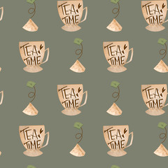 Cozy cute pattern of tea, coffee cups textural digital art on a brown background. Print for textiles, kitchen, menu, restaurants, stickers, banners, posters, web design, greeting card, sticky tape.
