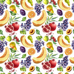 Watercolor seamless pattern with fruits: pomegranate, apple, melon, grape,pear, cherry,plum on white background. Watercolor hand-painted clipart.