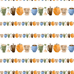 Cozy cute pattern of tea, coffee cups textural digital art on a white background. Print for textiles, kitchen, menu, restaurants, stickers, banners, posters, web design, greeting card, sticky tape.
